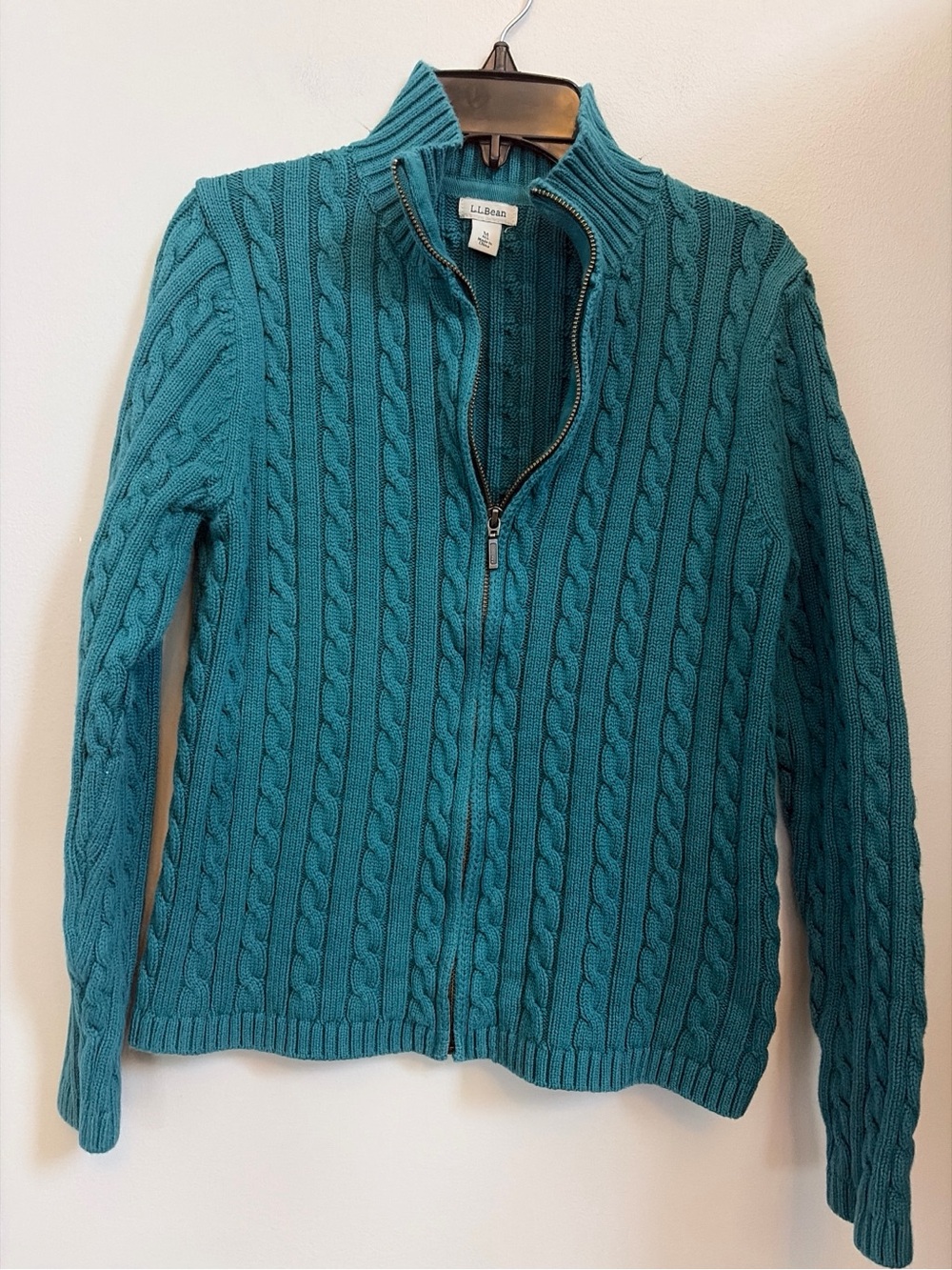 L.L. Bean Teal Cable-Knit Zip Cardigan Sweater